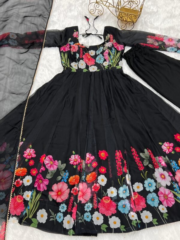 Black Floral Organza Anarkali Suit Set with Dupatta & Pant for women festive wear