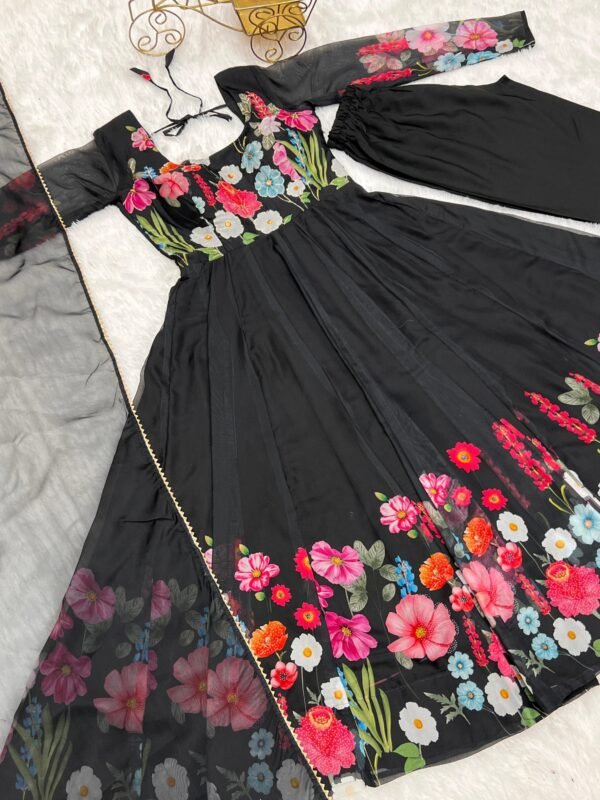 Black Floral Organza Anarkali Suit Set with Dupatta & Pant for women festive wear