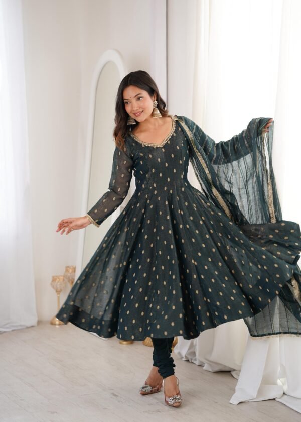 Crunchy Silk Anarkali Gown Set with Jacquard Butti Work for women festive wear