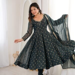 Crunchy Silk Anarkali Gown Set with Jacquard Butti Work for women festive wear