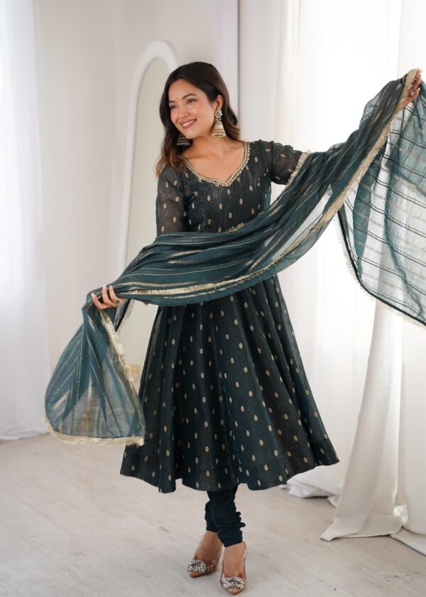 Crunchy Silk Anarkali Gown Set with Jacquard Butti Work for women festive wear