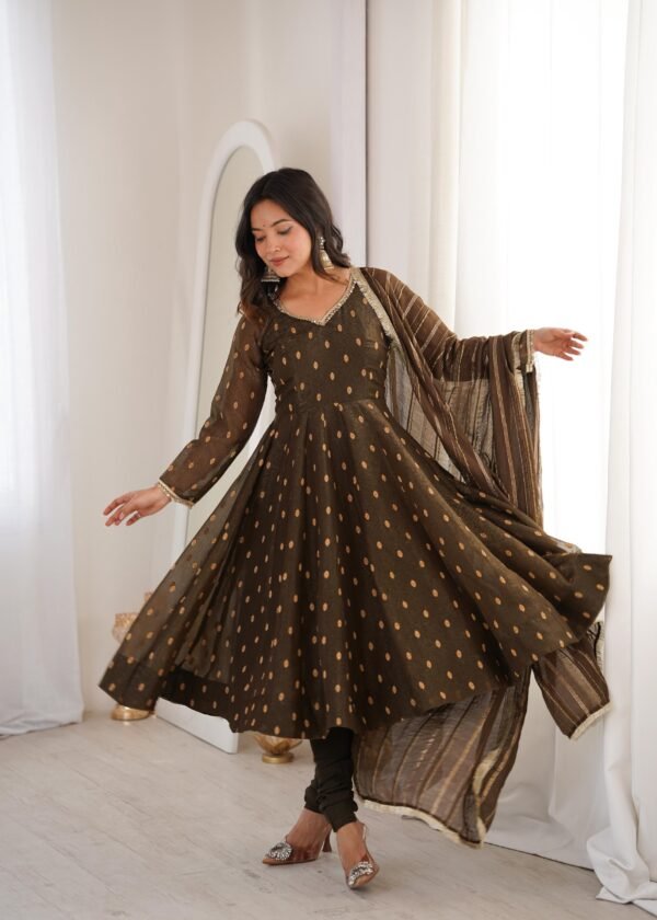 Crunchy Silk Anarkali Gown Set with Jacquard Butti Work for women festive wear