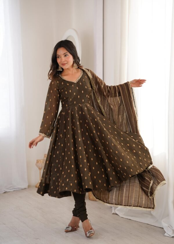 Crunchy Silk Anarkali Gown Set with Jacquard Butti Work for women festive wear