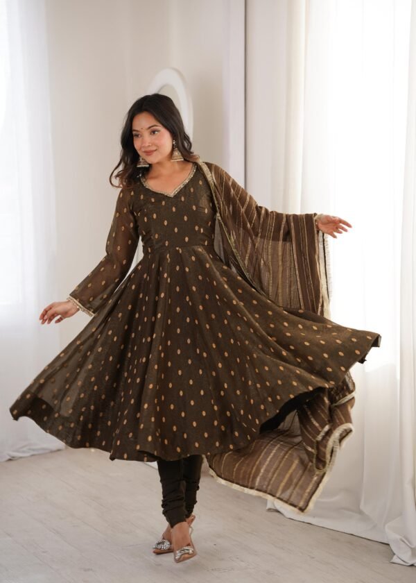 Crunchy Silk Anarkali Gown Set with Jacquard Butti Work for women festive wear