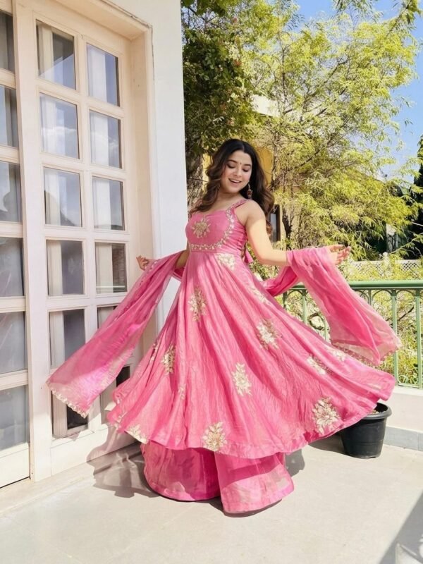 Fendy Silk Anarkali Gown Sharara Set with Heavy Embroidery for women festive wear