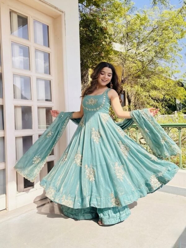 Fendy Silk Anarkali Gown Sharara Set with Heavy Embroidery for women festive wear