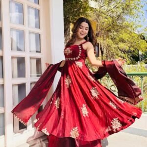 Fendy Silk Anarkali Gown Sharara Set with Heavy Embroidery for women festive wear