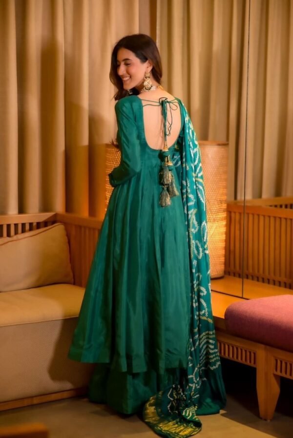 Elegant Green Chinnon Silk Anarkali Suit Set with Pant & Dupatta for women festive wear