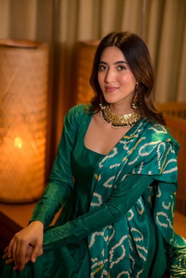 Elegant Green Chinnon Silk Anarkali Suit Set with Pant & Dupatta for women festive wear