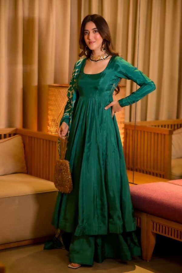 Elegant Green Chinnon Silk Anarkali Suit Set with Pant & Dupatta for women festive wear