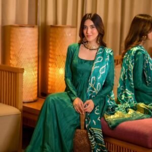 Elegant Green Chinnon Silk Anarkali Suit Set with Pant & Dupatta for women festive wear