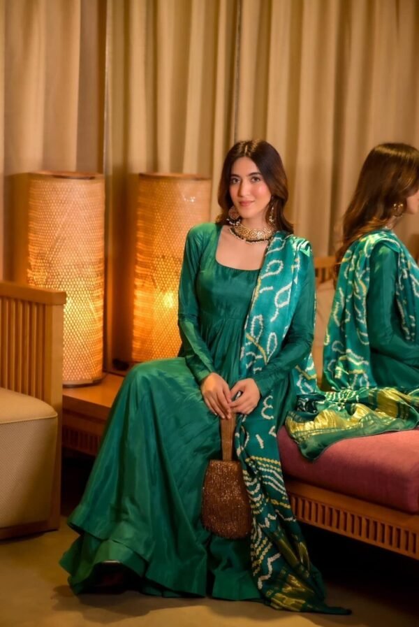 Elegant Green Chinnon Silk Anarkali Suit Set with Pant & Dupatta for women festive wear