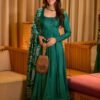 Elegant Green Chinnon Silk Anarkali Suit Set with Pant & Dupatta for women festive wear