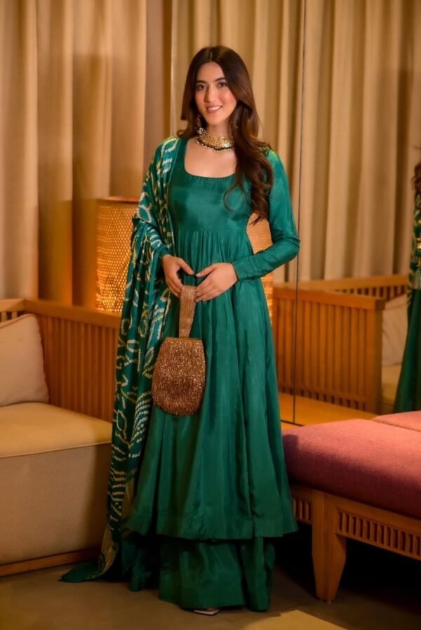 Elegant Green Chinnon Silk Anarkali Suit Set with Pant & Dupatta for women festive wear