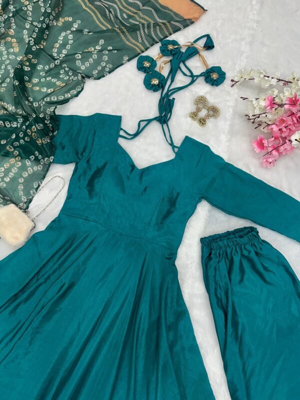 Elegant Green Chinnon Silk Anarkali Suit Set with Pant & Dupatta for women festive wear