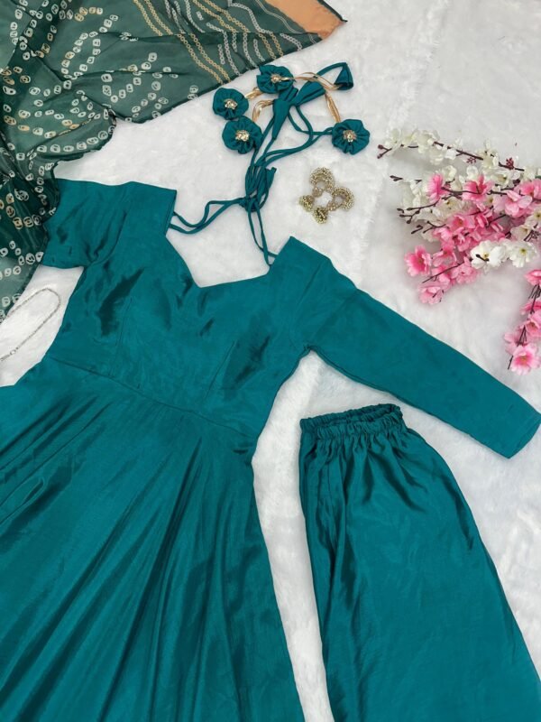 Elegant Green Chinnon Silk Anarkali Suit Set with Pant & Dupatta for women festive wear