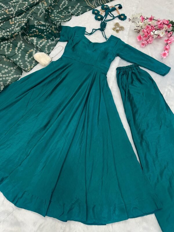 Elegant Green Chinnon Silk Anarkali Suit Set with Pant & Dupatta for women festive wear