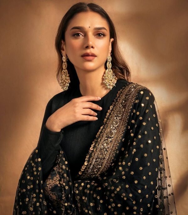 Black Sequin Zari Embroidered Anarkali Gown Set with Pant & Net Dupatta for women festive wear