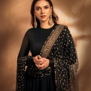 Black Sequin Zari Embroidered Anarkali Gown Set with Pant & Net Dupatta for women festive wear