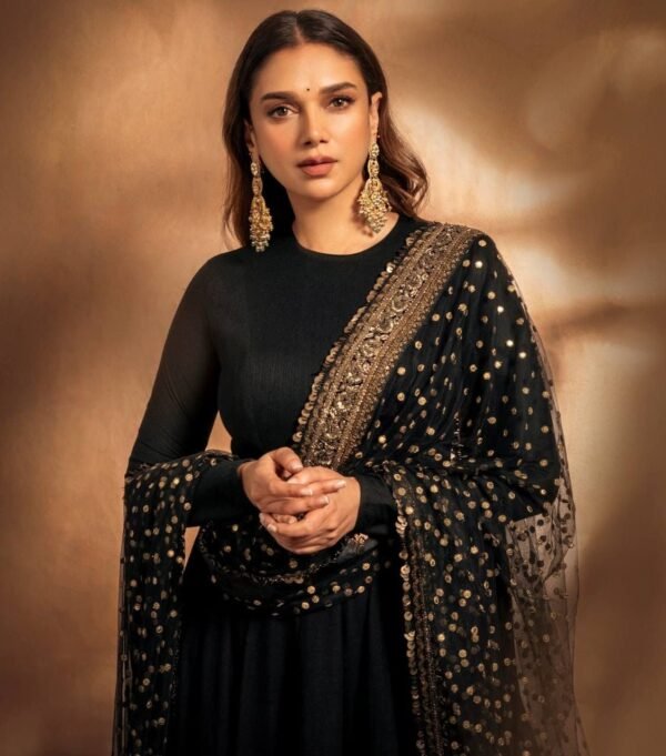 Black Sequin Zari Embroidered Anarkali Gown Set with Pant & Net Dupatta for women festive wear