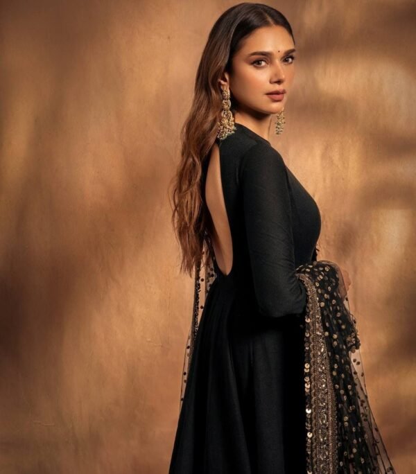 Black Sequin Zari Embroidered Anarkali Gown Set with Pant & Net Dupatta for women festive wear