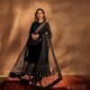 Black Sequin Zari Embroidered Anarkali Gown Set with Pant & Net Dupatta for women festive wear