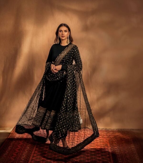Black Sequin Zari Embroidered Anarkali Gown Set with Pant & Net Dupatta for women festive wear