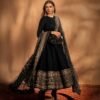 Black Sequin Zari Embroidered Anarkali Gown Set with Pant & Net Dupatta for women festive wear