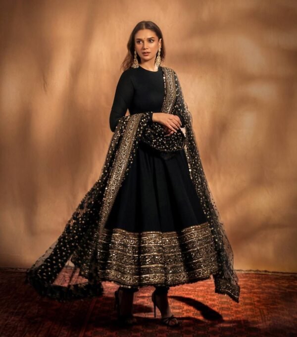 Black Sequin Zari Embroidered Anarkali Gown Set with Pant & Net Dupatta for women festive wear