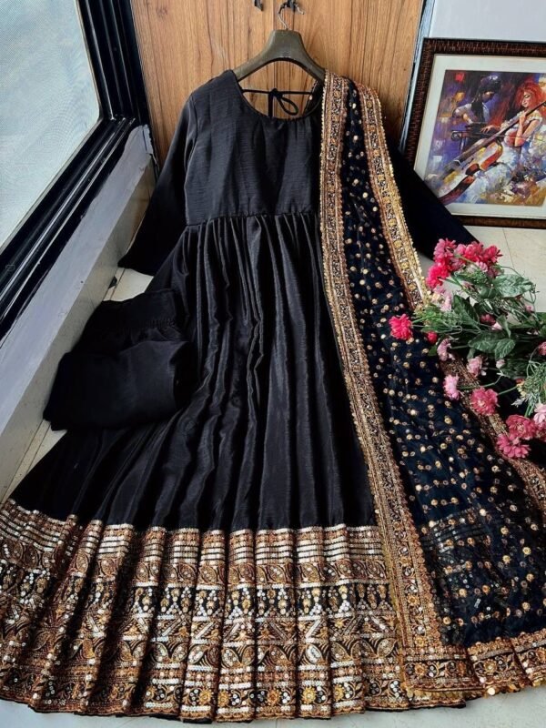 Black Sequin Zari Embroidered Anarkali Gown Set with Pant & Net Dupatta for women festive wear