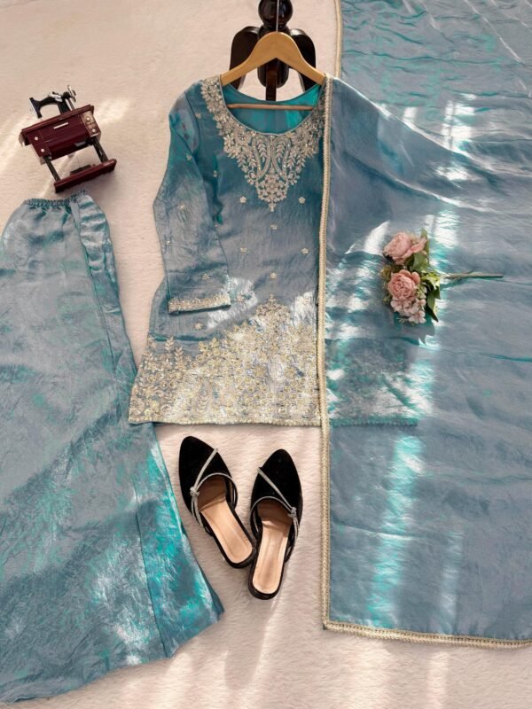 Teal Fendy Silk Kurti Palazzo Set with Dupatta for women festive wear