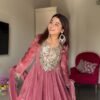 Rose Pink Mirror Work Anarkali Gown Set with Pant & Dupatta for women festive wear
