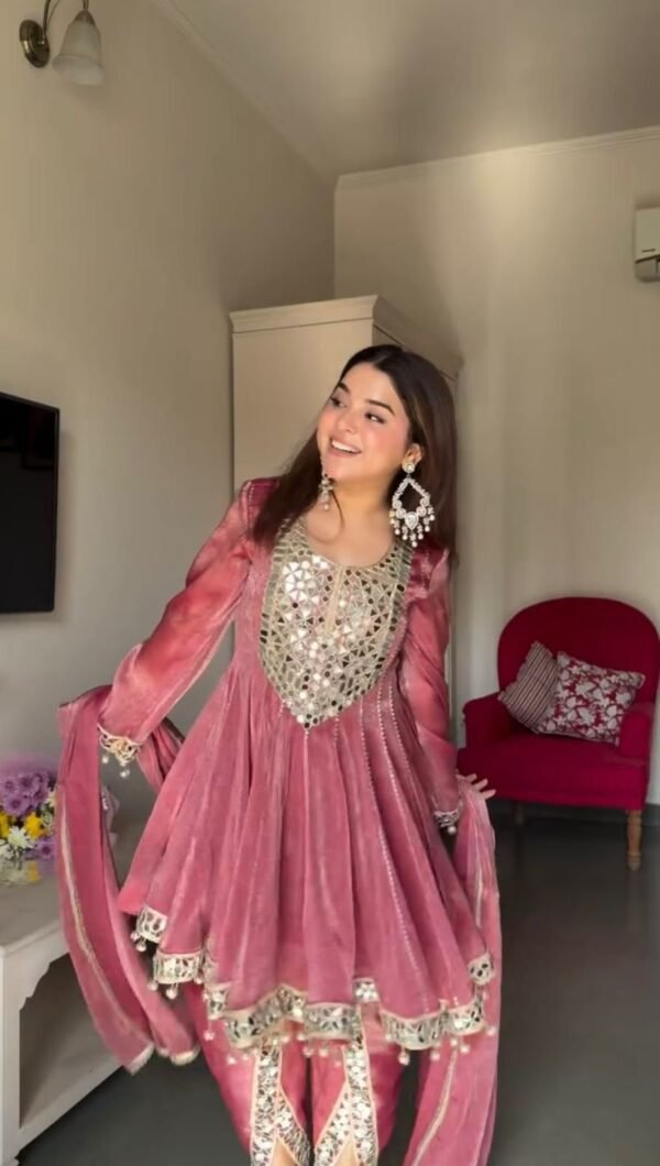Rose Pink Mirror Work Anarkali Gown Set with Pant & Dupatta for women festive wear