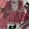 Rose Pink Mirror Work Anarkali Gown Set with Pant & Dupatta for women festive wear
