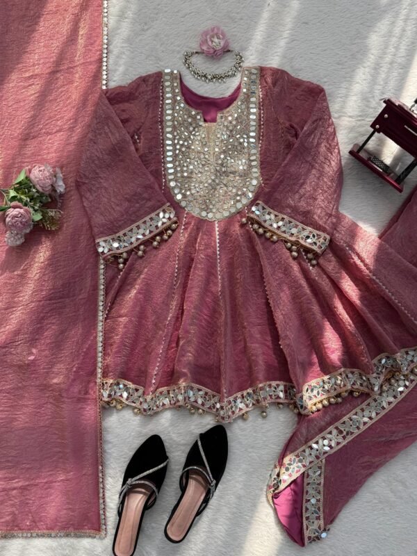 Rose Pink Mirror Work Anarkali Gown Set with Pant & Dupatta for women festive wear
