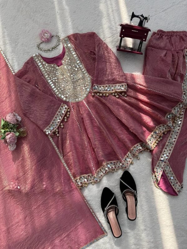 Rose Pink Mirror Work Anarkali Gown Set with Pant & Dupatta for women festive wear