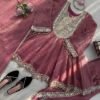 Rose Pink Mirror Work Anarkali Gown Set with Pant & Dupatta for women festive wear