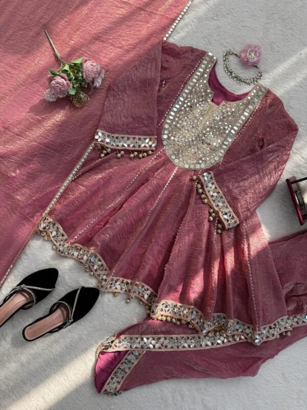 Rose Pink Mirror Work Anarkali Gown Set with Pant & Dupatta for women festive wear