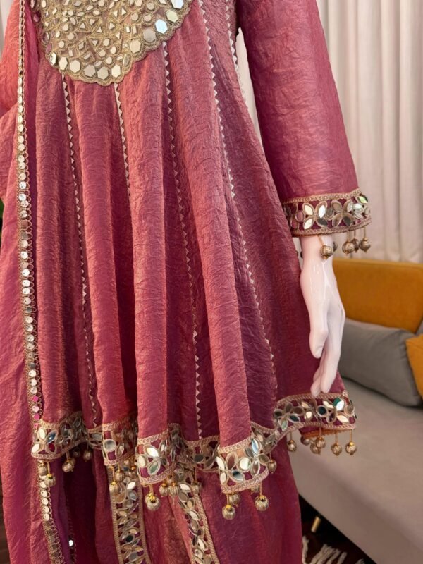 Rose Pink Mirror Work Anarkali Gown Set with Pant & Dupatta for women festive wear