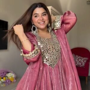 Rose Pink Mirror Work Anarkali Gown Set with Pant & Dupatta for women festive wear