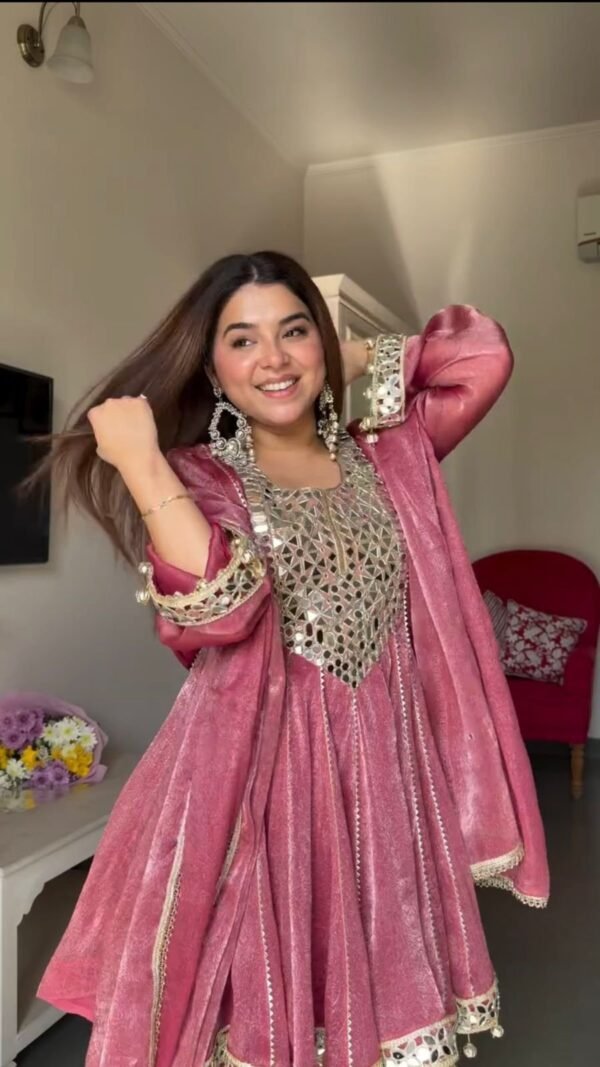 Rose Pink Mirror Work Anarkali Gown Set with Pant & Dupatta for women festive wear