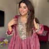Rose Pink Mirror Work Anarkali Gown Set with Pant & Dupatta for women festive wear