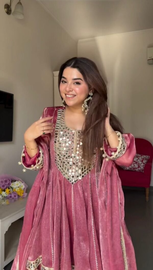Rose Pink Mirror Work Anarkali Gown Set with Pant & Dupatta for women festive wear