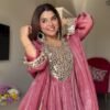 Rose Pink Mirror Work Anarkali Gown Set with Pant & Dupatta for women festive wear