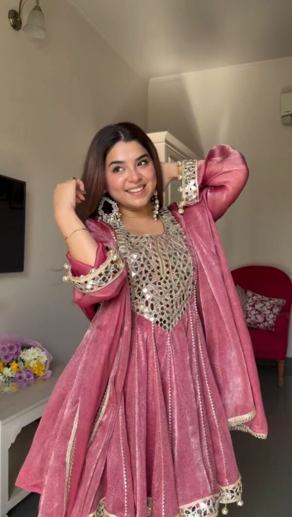Rose Pink Mirror Work Anarkali Gown Set with Pant & Dupatta for women festive wear