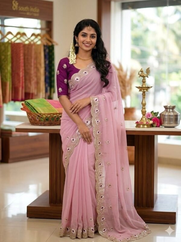 Georgette Silk Saree with Sequence Work & Cutwork Border for women festive wear