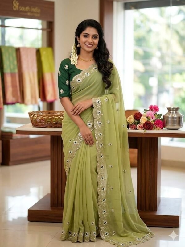 Georgette Silk Saree with Sequence Work & Cutwork Border for women festive wear