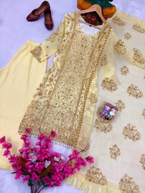 Yellow Georgette Embroidered Kurti Palazzo Set with Dupatta for women festive wear
