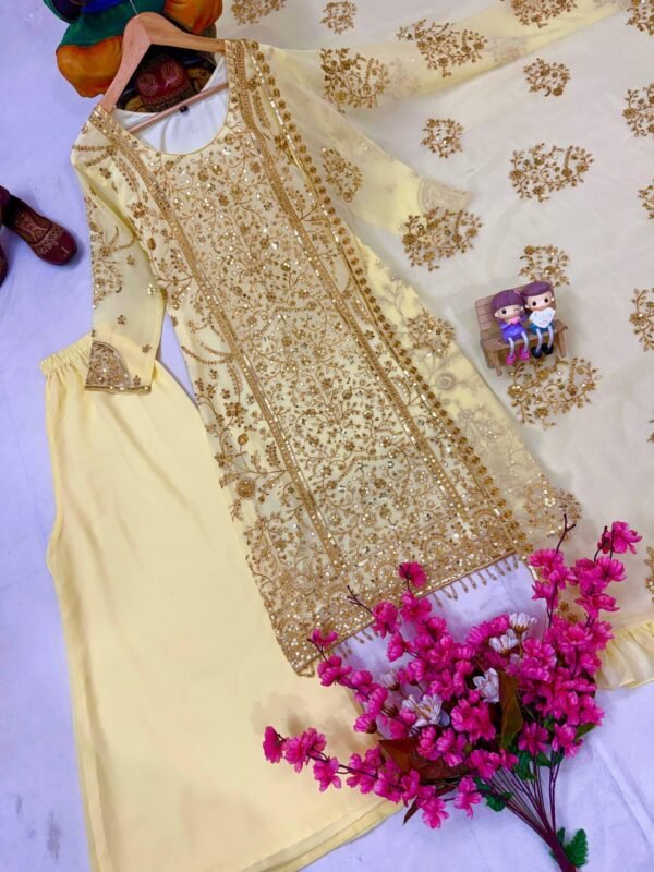 Yellow Georgette Embroidered Kurti Palazzo Set with Dupatta for women festive wear
