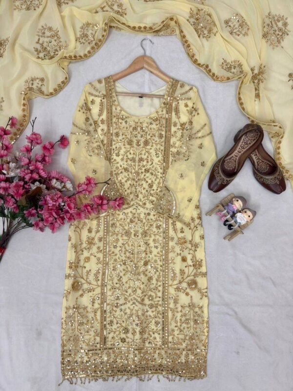 Yellow Georgette Embroidered Kurti Palazzo Set with Dupatta for women festive wear